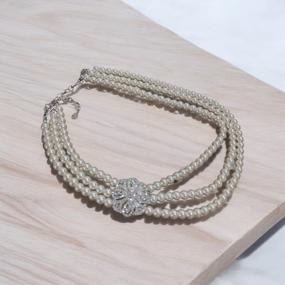 Jewelry - 3 Strand Pearl and CZ Rhinestone Necklace
